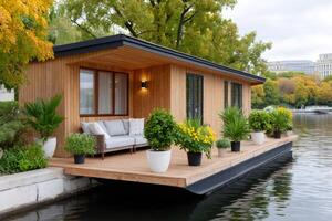 Modern floating house with large terrace offering scenic lake views photo