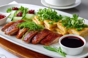 Peking Duck being served with thin pancakes, cucumber, spring onions and hoisin sauce photo
