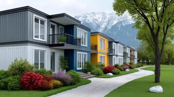 Colorful container houses forming a sustainable residential area. photo