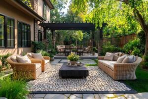 Pebble Patio with Pergola and Wicker Furniture Creating Relaxing Backyard Oasis photo