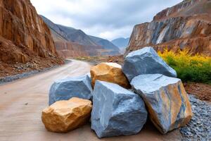 Large rocks blocking a dirt road in an open pit mine photo