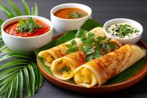 Masala dosa, a south indian pancake, served with sambar and chutney dips. photo