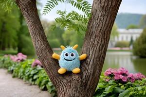 Blue fluffy monster hugging a tree in a park photo
