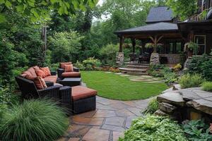 Luxurious backyard patio featuring a gazebo and comfortable seating area photo