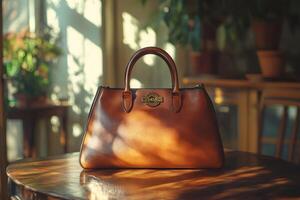 Elegant brown leather handbag resting on wooden table in sunlit room photo