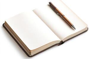 Open notebook with blank pages and wooden pen inviting to write photo