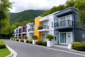 Modern container houses offering sustainable and stylish living near a mountain range photo