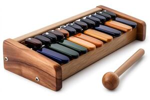 Colorful glockenspiel with mallet resting on white background photo