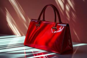 Elegant red handbag gleaming under sunlight, showcasing luxury and style photo