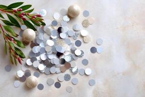 Christmas decorations forming background with silver and gold confetti and green leaves photo