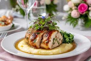 Sliced stuffed chicken breast with mashed potatoes and spinach, garnished with microgreens photo