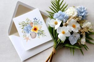 Wedding invitation card with seashells and flowers resting on an envelope next to a bouquet photo