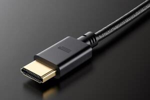 Hdmi cable connector transmitting data on dark background photo