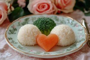 Rice balls with broccoli and heart-shaped carrot decorating a plate photo