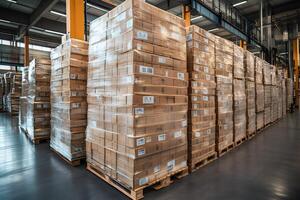 Cardboard boxes wrapped in plastic film forming large stacks in warehouse photo