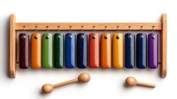 Colorful xylophone with mallets resting on white background photo