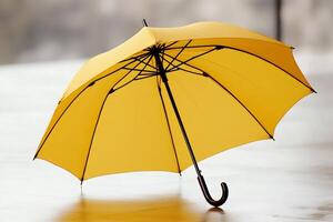 Classic yellow umbrella protects from rain on a wet gray day photo
