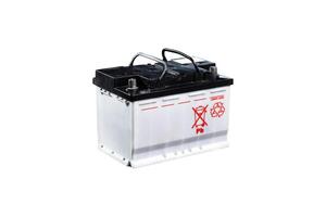 Old Car Battery Isolated with clipping path, A automotive lead acid battery with carrying handles is shown isolated on a white background. car part, power source. photo