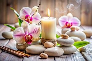 A cozy setup with a lit white candle smack dab in the middle of a bunch of smooth, all on a rustic wooden surface. Around it, there are some vibrant pink and white orchids photo