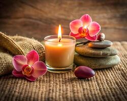 A cozy orchidea flower scene with a lit candle, sitting on a textured, Smooth, round stones in different shades of pastel color. The candle's soft glow lights up the whole setup, creating a chill photo