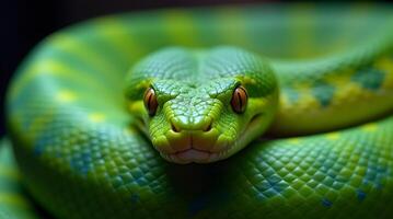 A green snake with bright yellow eyes photo