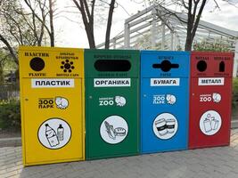 Colorful recycling bins stand in row along paved path at the zoo, promoting environmental awareness and encouraging responsible waste disposal in public urban setting photo