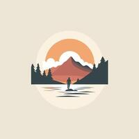 A man is standing on a paddle board in front of a mountain and a lake vector