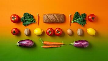 A colorful composition of fresh vegetables and bread arranged on a gradient background photo