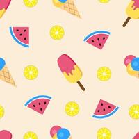 Seamless summer pattern with ice cream and fruit on a yellow background vector