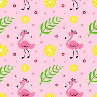 Seamless pattern with flamingos, palm leaves and lemons on a pink background vector