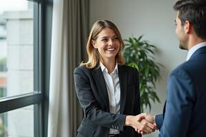 Business professionals shaking hands and smiling as a symbol of agreement or success photo