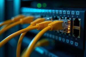 Close up of a network switch with multiple yellow ethernet cables connected for data transfer photo