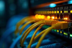 Close up view of yellow network cables connected to a server rack in a data center photo