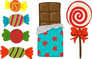 retro candy set isolated bright sweets including chocolate bar, lollipop with ribbon, colorful wrapped candies vintage confectionery design projects vector