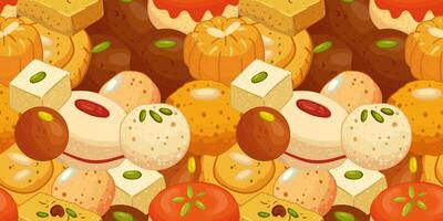 abstract seamless pattern of Indian oriental sweets festive background web design textile wallpaper mithai, laddu, barfi, gulab jamun, peda, jalebi vector