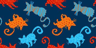 modern seamless pattern with abstract cat silhouettes in playful red, orange and blue artistic textures on dark blue background textile and surface design vector