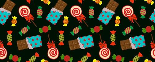 retro seamless candy pattern with chocolate bars, striped lollipops, and colorful sweets on dark background festive vintage confectionery design vector