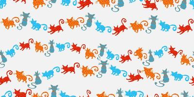 abstract seamless pattern with rows of colorful cat silhouettes on white background, playful feline design for textile, wrapping paper vector