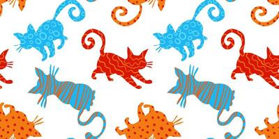 modern seamless pattern with artistic cat silhouettes in red orange and blue colors on white background playful abstract pet design for textile and decor vector