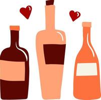 drawn isolated elements wine and champagne bottles in a simple modern abstract style with hearts vector