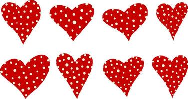 isolated set of hand-drawn cherry red hearts with white polka dots, romantic love icons collection for design elements vector