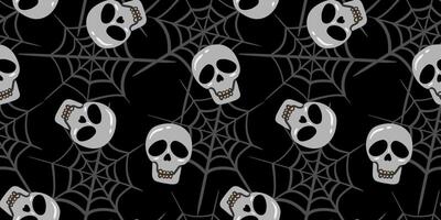 halloween seamless pattern with stylized skulls spider webs black background, holiday design, cartoon skeleton cobweb illustration textile wrapping paper vector