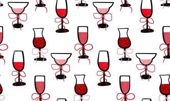 glamorous drawn seamless pattern with wine glasses and red bows on a white background vector