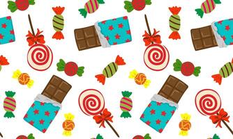 seamless pattern with chocolate bars, swirl lollipops and wrapped candies on white background playful retro sweets design for packaging, kids, holiday prints vector