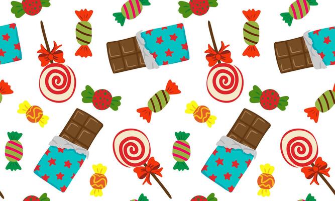 seamless pattern with chocolate bars, swirl lollipops and wrapped candies on white background playful retro sweets design for packaging, kids, holiday prints