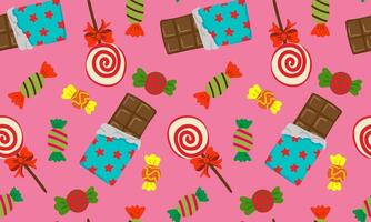 bright pink seamless candy pattern with chocolate bars, swirl lollipops and colorful wrapped sweets playful retro confectionery background for kids vector