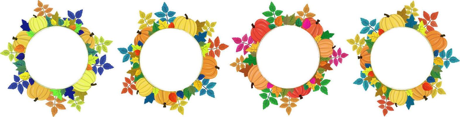set autumn round banners pumpkins colorful leaves white background, fall frame designs, illustration greeting cards, invitations, seasonal decor