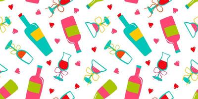 glamorous abstract modern pattern with wine bottles, glasses, and hearts on a white background for web design and wallpaper vector