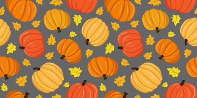 fall harvest seamless pattern with pumpkins autumn leaves on dark gray background, design, repeating gourd and leaf illustration for textile paper web card vector