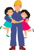 smiling builder dad hugging two daughters happy family celebration fathers day colorful illustration artwork for worker appreciation daughters day vector